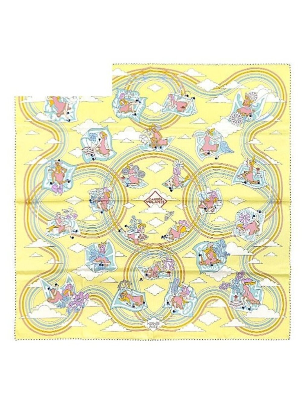 Hermes Scarf Carre 70 Silk Jaune Soufflet Aqua Multicolor Carres Volants Flying